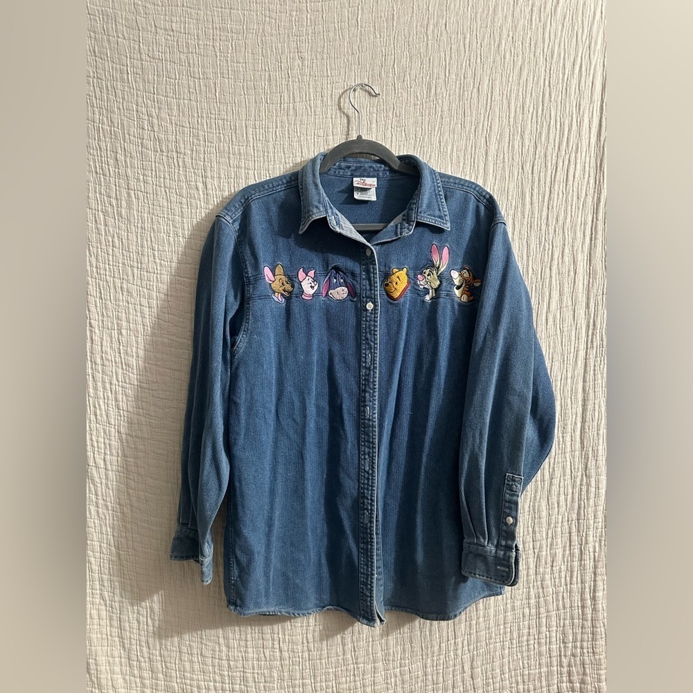Vintage Disney Winnie The Pooh Long Embroidered Cotton Denim Button Down Shirt M